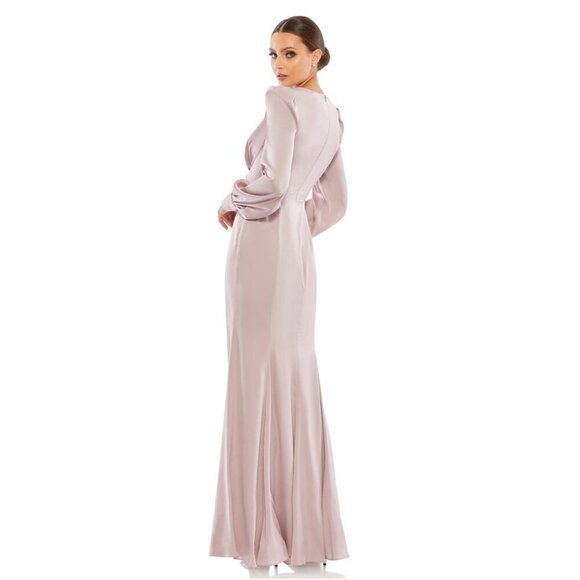 FLAW - NWT Mac Duggal Satin Ruched Bishop Sleeve Gown Rose Pink 8 #8565 - Picture 7 of 11